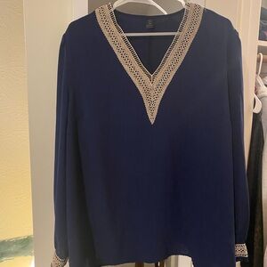 SHEIN Navy Blouse with Cream Lace Trim